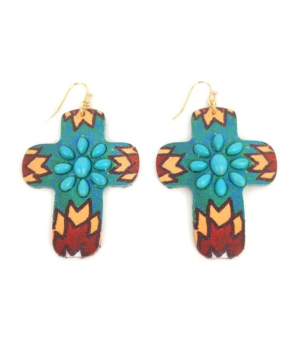 Western style turquoise and colored cross earring