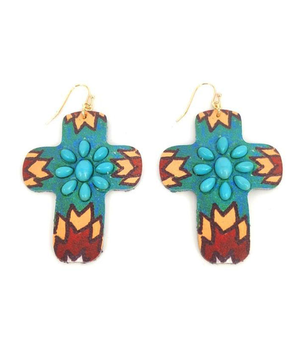 WESTERN STYLE TURQUOISE AND COLORED CROSS EARRING