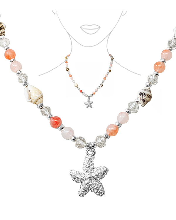 Sealife theme starfish pendant and natural shell chain necklace