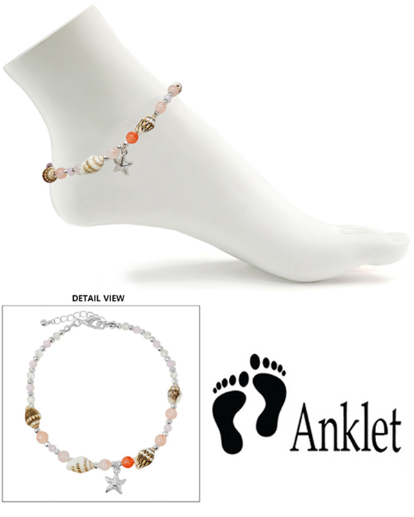 Sealife theme starfish pendant and natural shell chain anklet