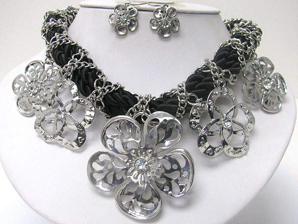 Crystal deco multi metal flower drop and chiffon tangled chain necklace and earring set