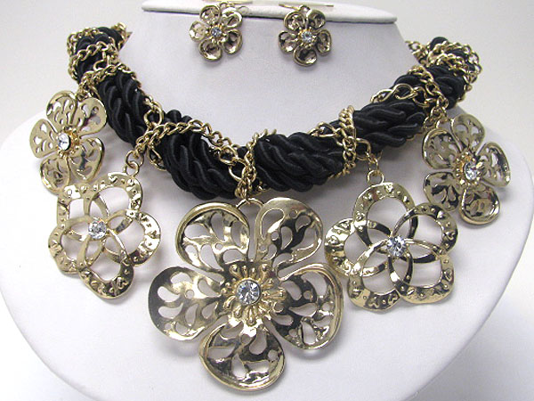 CRYSTAL DECO MULTI METAL FLOWER DROP AND CHIFFON TANGLED CHAIN NECKLACE AND EARRING SET