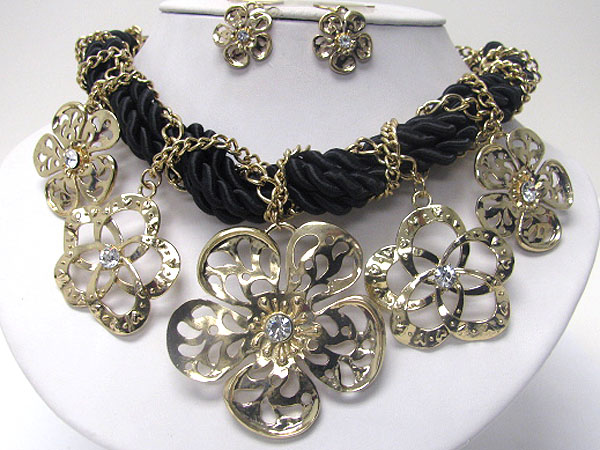 Crystal deco multi metal flower drop and chiffon tangled chain necklace and earring set