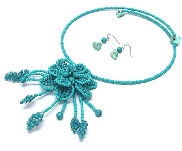 Large wierd flower mix seed beads and stone ball pendant seed beads wierd choker necklace earring set