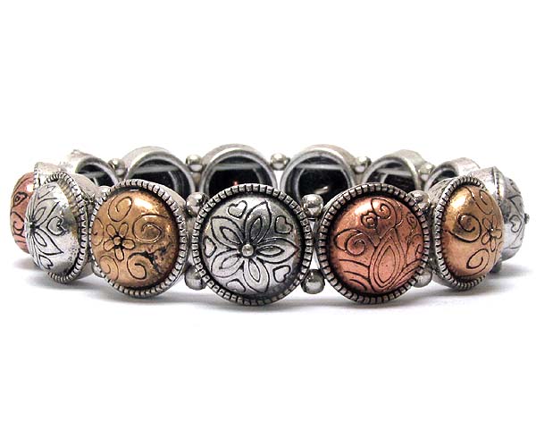 Round metal art textured casting metal link stretch bracelet