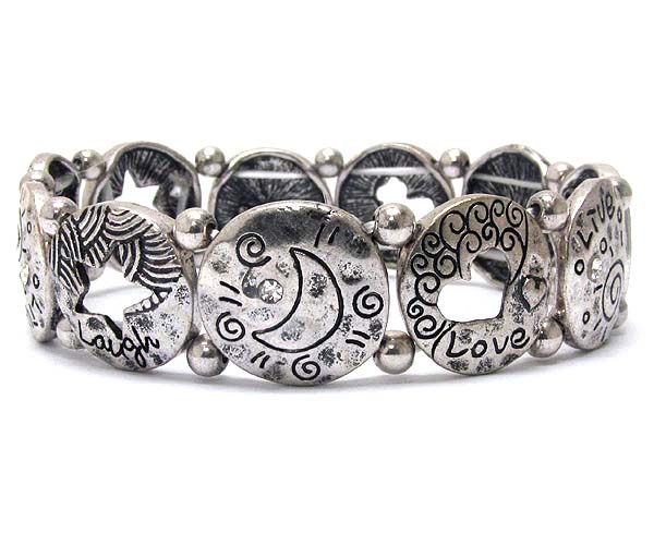Inspiration message textured metal disk link stretch bracelet