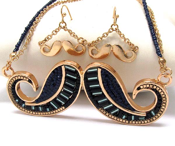 Metal mustache inside multi seed beads drop chain and seed beads necklace earring set