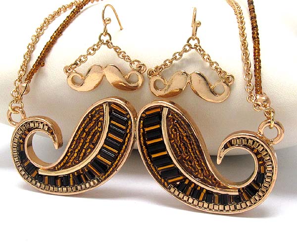 Metal mustache inside multi seed beads drop chain and seed beads necklace earring set