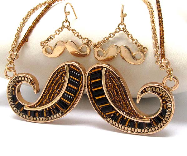 METAL MUSTACHE INSIDE MULTI SEED BEADS DROP CHAIN AND SEED BEADS NECKLACE EARRING SET