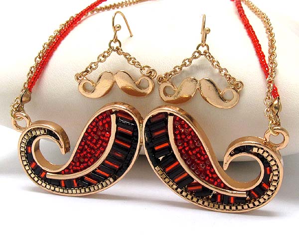 Metal mustache inside multi seed beads drop chain and seed beads necklace earring set