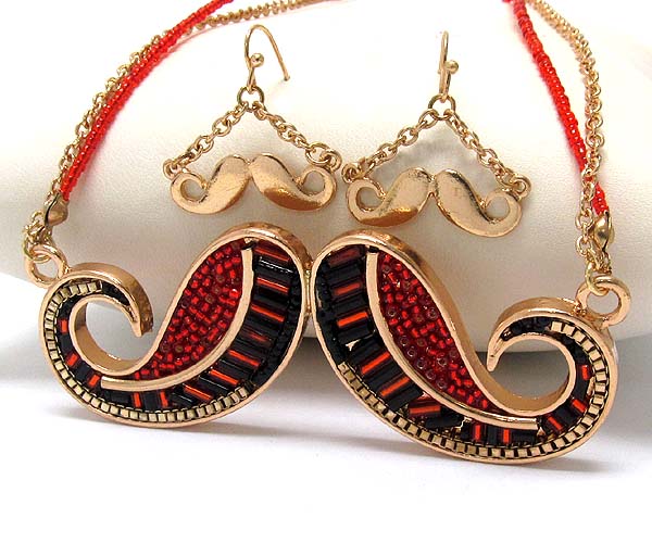 METAL MUSTACHE INSIDE MULTI SEED BEADS DROP CHAIN AND SEED BEADS NECKLACE EARRING SET