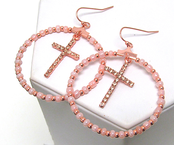 CRYSTAL CROSS ON CENTER AND MULTI BEADS DROP HOOP EARRING - HOOPS