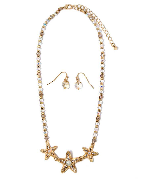 Three crystal starfish with pearl drop multi crystal glass beads and metal balls necklace earring set