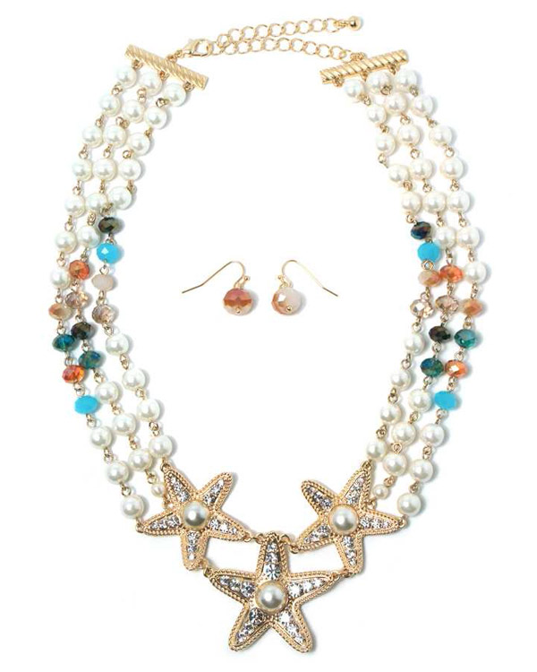 Three crystal starfish with pearl drop three line multi crystal glass beads and pearl necklace earring set