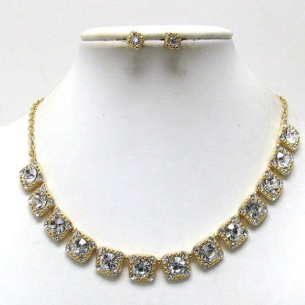 Multi crystal glass square pattren chain necklace earring set