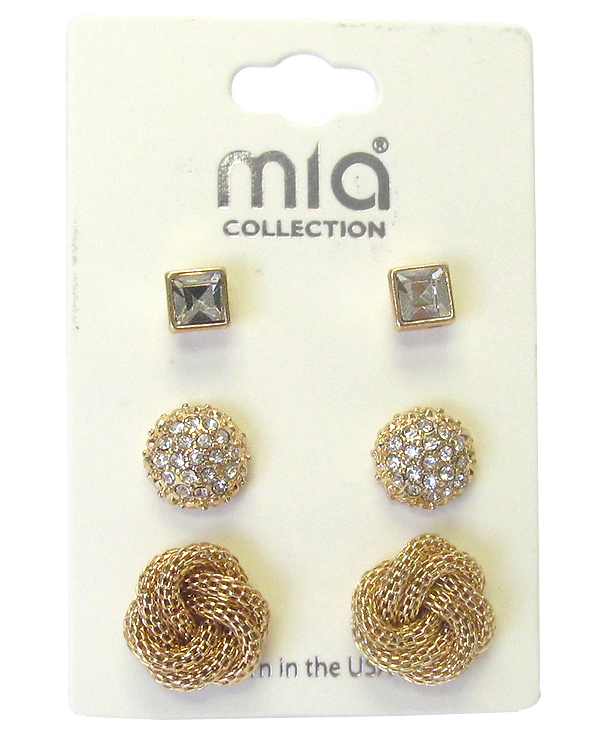 Crystal and metal knot 3 pair earring set