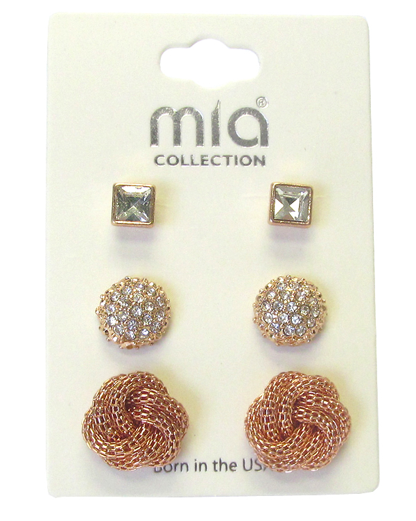 Crystal and metal knot 3 pair earring set