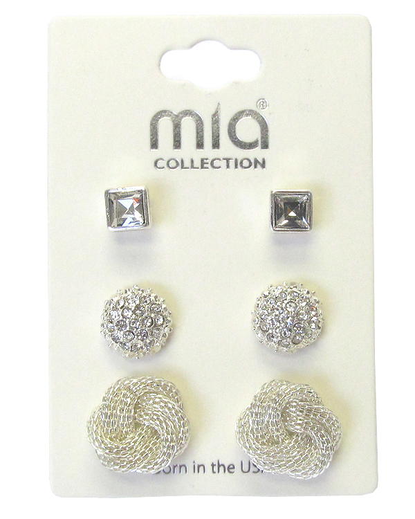 Crystal and metal knot 3 pair earring set