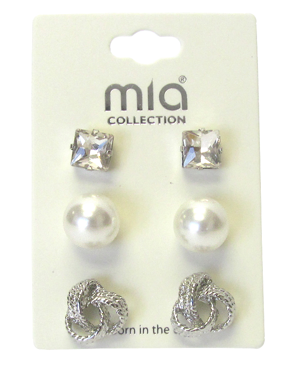 Crystal and metal knot 3 pair earring set