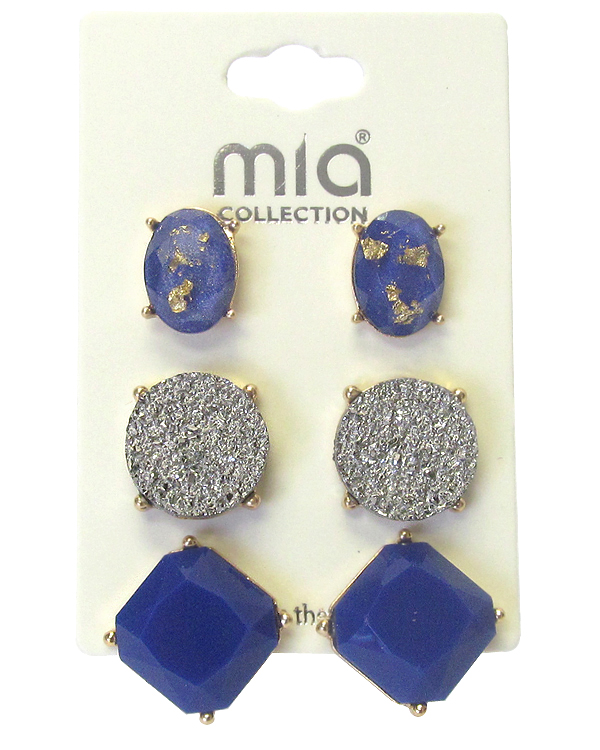 Druzy and facet acrylic stone mix 3 pair earring set