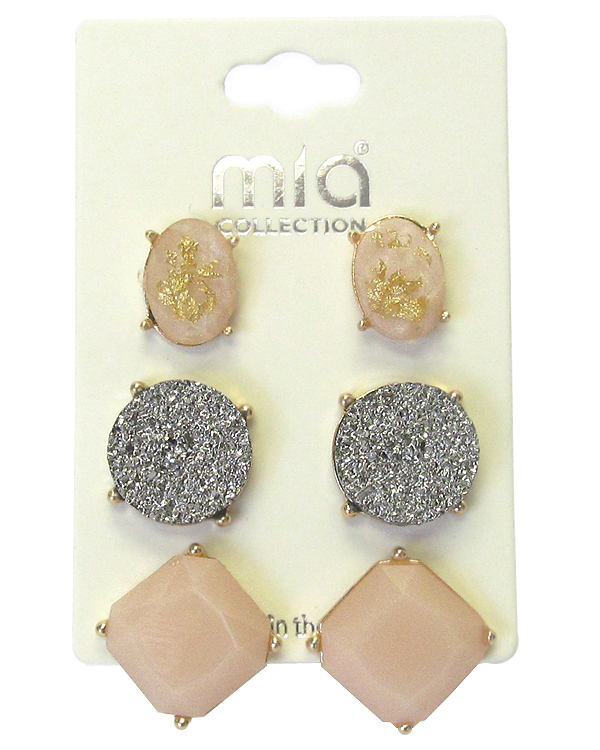 Druzy and facet acrylic stone mix 3 pair earring set