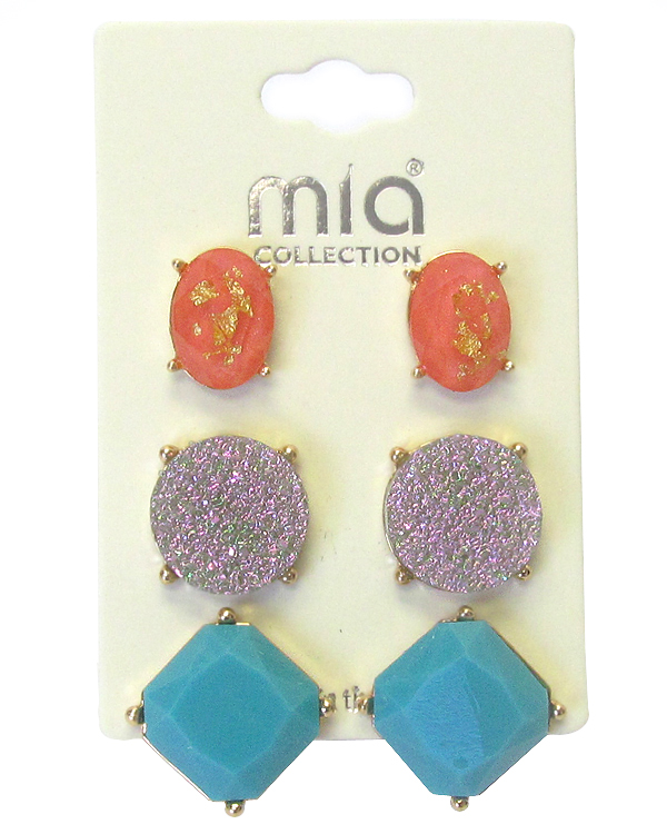 Druzy and facet acrylic stone mix 3 pair earring set