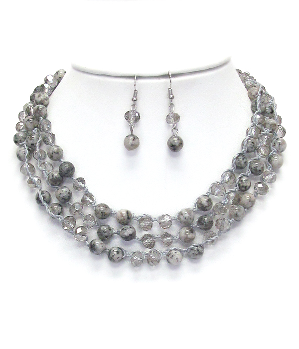 Facet glass and genuine ball bead mix 3 layer necklace set