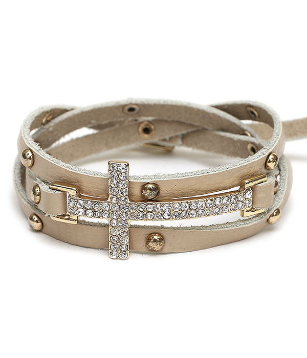 CRYSTAL CROSS LEATHER WRAP BRACELET