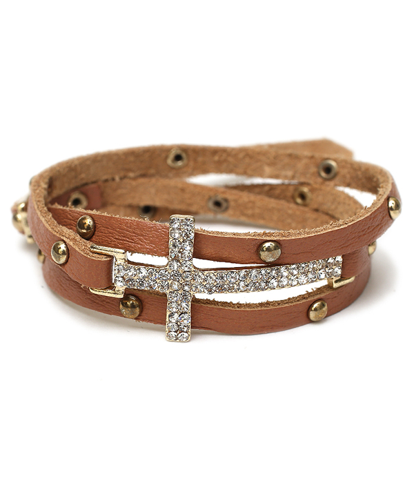 CRYSTAL CROSS LEATHER WRAP BRACELET