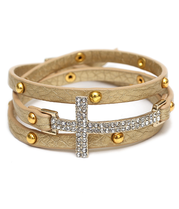 CRYSTAL CROSS LEATHER WRAP BRACELET