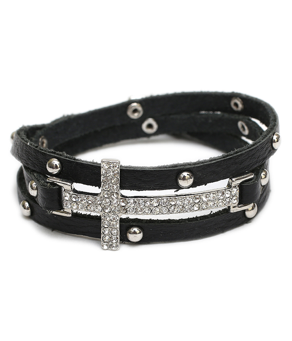 CRYSTAL CROSS LEATHER WRAP BRACELET