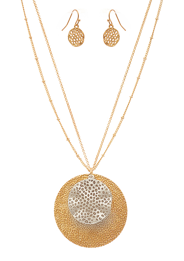 Textured and filigree double disc pendant necklace set