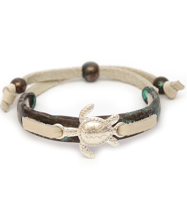 Sealife theme metal and leather band bracelet - turtle
