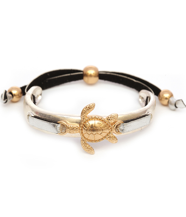 Sealife theme metal and leather band bracelet - turtle