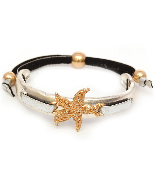 Sealife theme metal and leather band bracelet - starfish