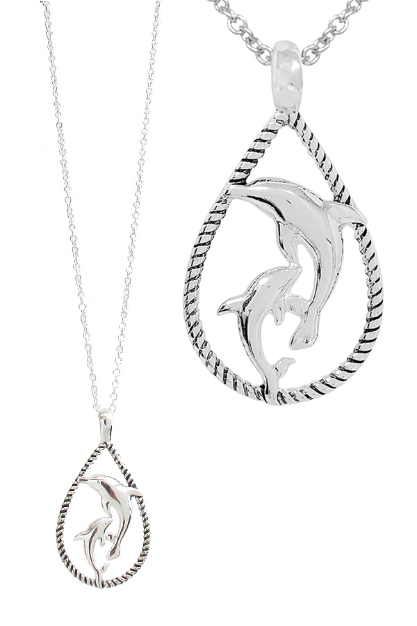 Sealife theme rope textured teardrop pendant necklace - dolphin