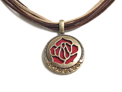 Burnished cut off  rose and suede necklace - made in korea
