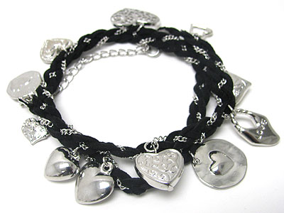 Multi heart charm dangle suede and metal chain braided bracelet
