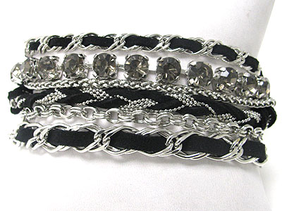 STONE AND MULTI ROW SUEDE AND METAL CHAIN BRAIDED BRACELET