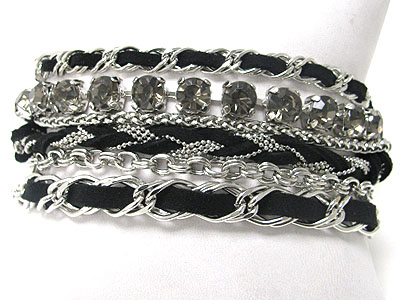 Stone and multi row suede and metal chain braided bracelet