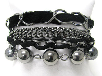 MULTI ROW SUEDE AND METAL BALL AND CHAIN BRAIDED BRACELET