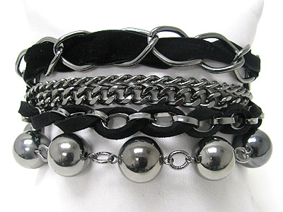 Multi row suede and metal ball and chain braided bracelet