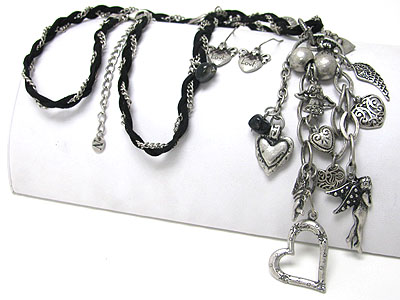 MULTI HEART AND ANGEL CHARM DANGLE SUEDE AND METAL LONG CHAIN NECKLACE SET
