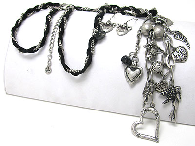 Multi heart and angel charm dangle suede and metal long chain necklace set