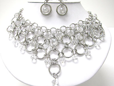 MULTI METAL RING LINK AND BEADS DROP NECKLACE SET