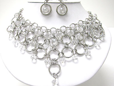 Multi metal ring link and beads drop necklace set