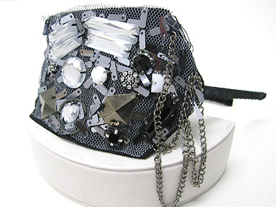 Facet glass and metal chain hanging chiffon headband