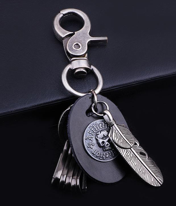 Burnish feather skull leather keychain