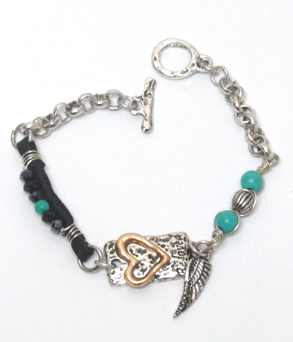 Handmade heart and angel wing charm toggle bracelet 