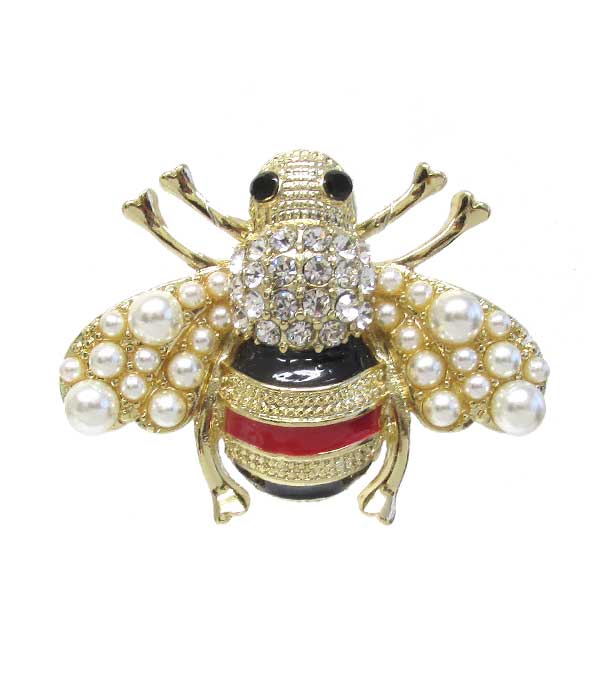 CRYSTAL AND PEARL BEE PIN OR BROOCH